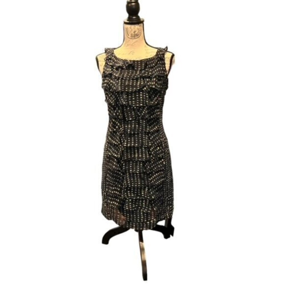 Adrianna Papell Navy /‎ Tan Polka Dotted Ruffle Front Dress Chiffon Lined Size 6